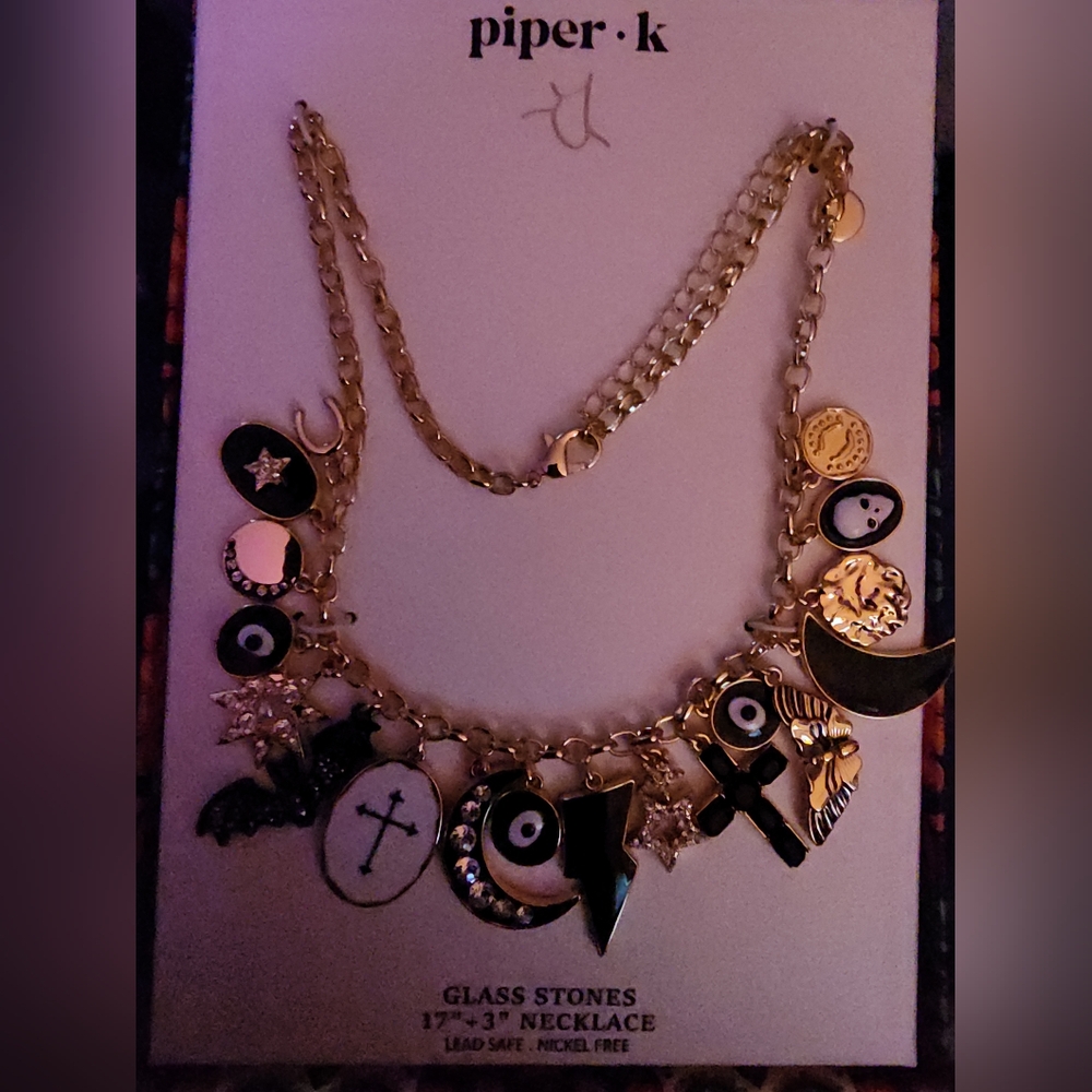 Piper K NWT UNQUIE HALLOWEEN NECKLACE/bat,crest Moon,cross,skull🦇💀🌜🪬